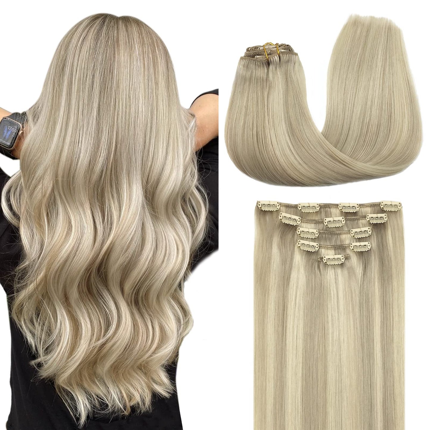 MAXITA Hair Extensions Clip in Human Hair, 80g 5pcs Ash Blonde Highlighted Platinum Blonde 18 Inch, Clip in Real Human Hair Remy