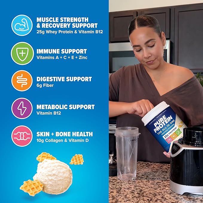 Pure Protein All-In-One Powder, Vanilla - Whey & Collagen, High Fiber, Vitamins, No Added Sugar, Non-GMO, Gluten-Free, 1.25lb