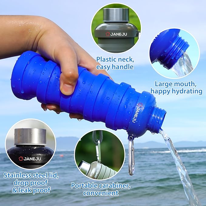 JaneJu Collapsible Water Bottle, 17oz BPA Free Silicone Reusable Portable Lightweight Foldable Water Bottles with Carabiner, Portable Leak Proof Sports Water Bottle (White)