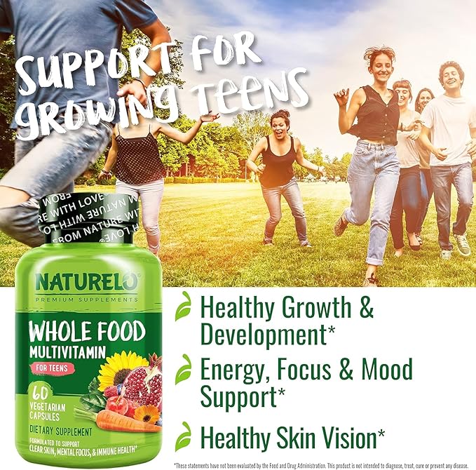 NATURELO Teen Multivitamin - Whole Food Multivitamin - with Minerals for Teenage Boys & Girls - Supplement for Active Kids - Non-GMO - Vegan & Vegetarian - 60 Capsules