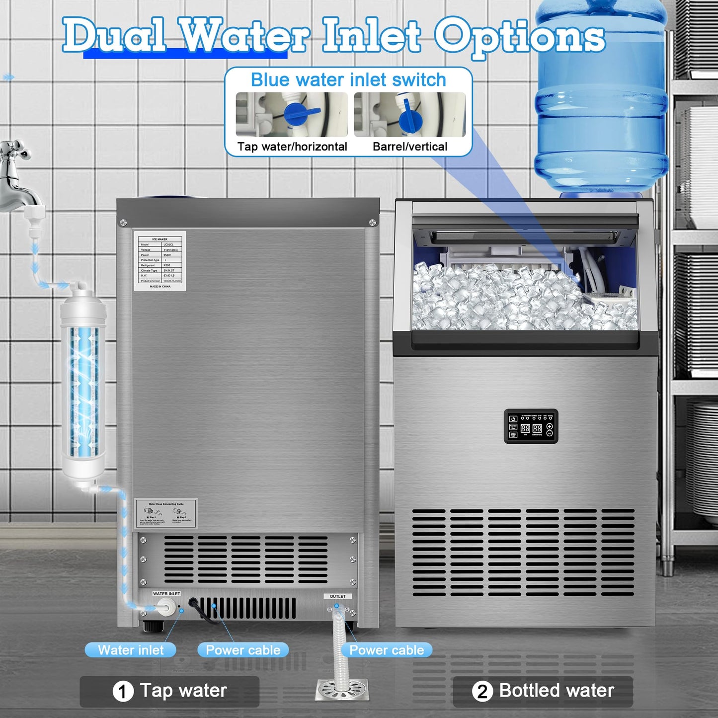 Ice Maker Commercial Ice Maker Machine 200lbs/24H with 34Lbs Storage, Stainless Steel Undercounter/Freestanding Ice Machine 2 Water Inlet Modes 55Ice/Cycle, Self-Cleaning for Homes Restaurants Bars