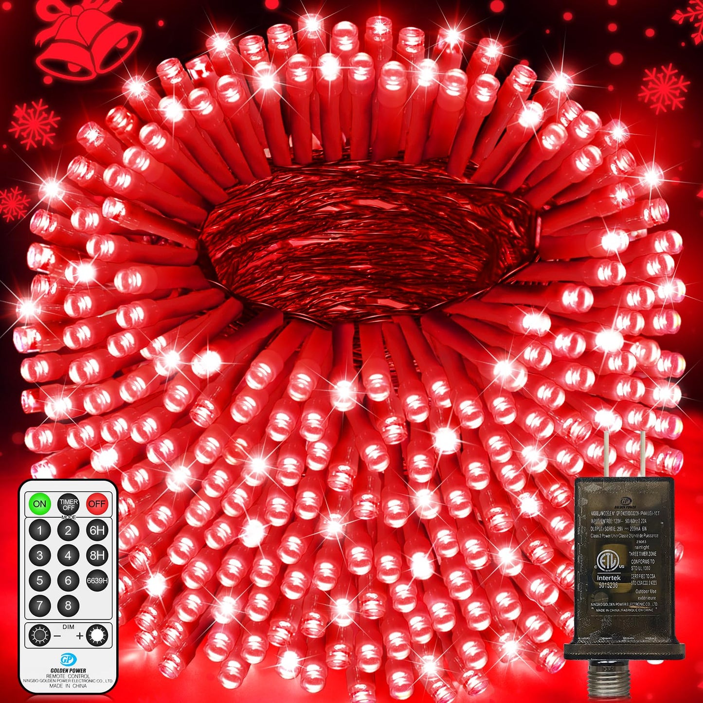 Jxledayy 200 Ft 500 Led Christmas Lights Outdoor Fairy Lights Plug In Extra Long String Lights Clear Wire Waterproof 8 Modes Timer For Outside House Tree Garden Yard Wedding Party Decorations-Red