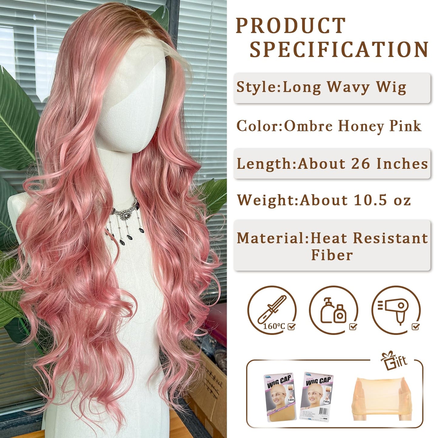 SAPPHIREWIGS Pink Lace Front Wigs 13x4 Synthetic Lace Front Wigs Long Body Wave Ombre Honey Pink Heat Resistant Fiber Hair Pre-P