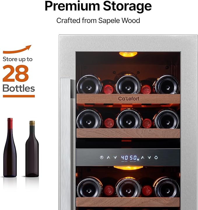 Ca'Lefort 15 Inch Wine Fridge Cooler - 28 Bottles Dual Zone Cooler with Glass Door, 3 LED Built-in Compressor Fridge with Adjustable Shelves for Home Office Bar (3.0 cu.ft)