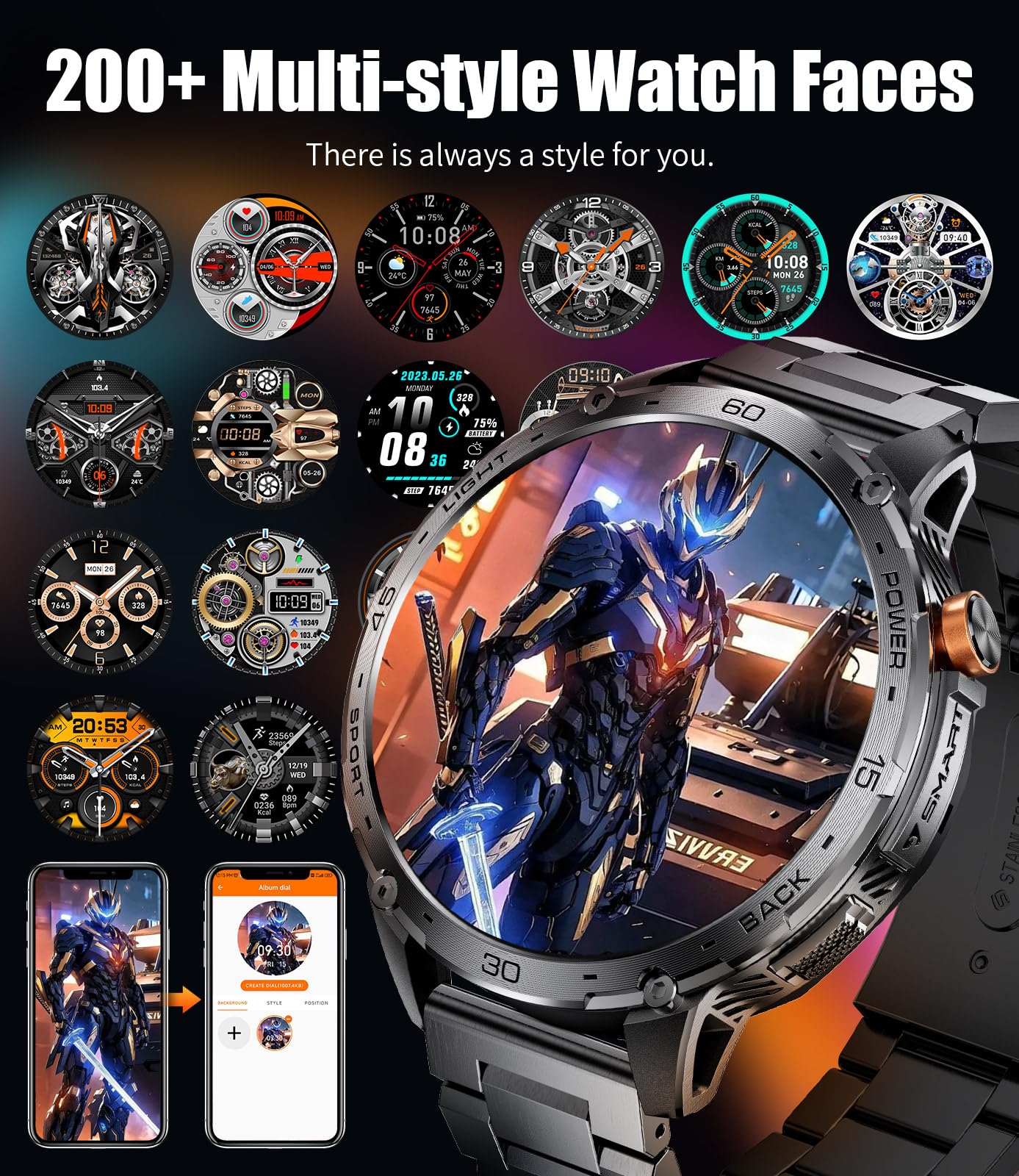 LIGE Military Smart Watch for Men, 730mAh/1.75" Large HD AMOLED Touchscreen Smartwatches with LED Flashlight for Android iOS, Fitness Tracker with 110+ Sport Modes/Heart Rate/Sleep Monitor,Black