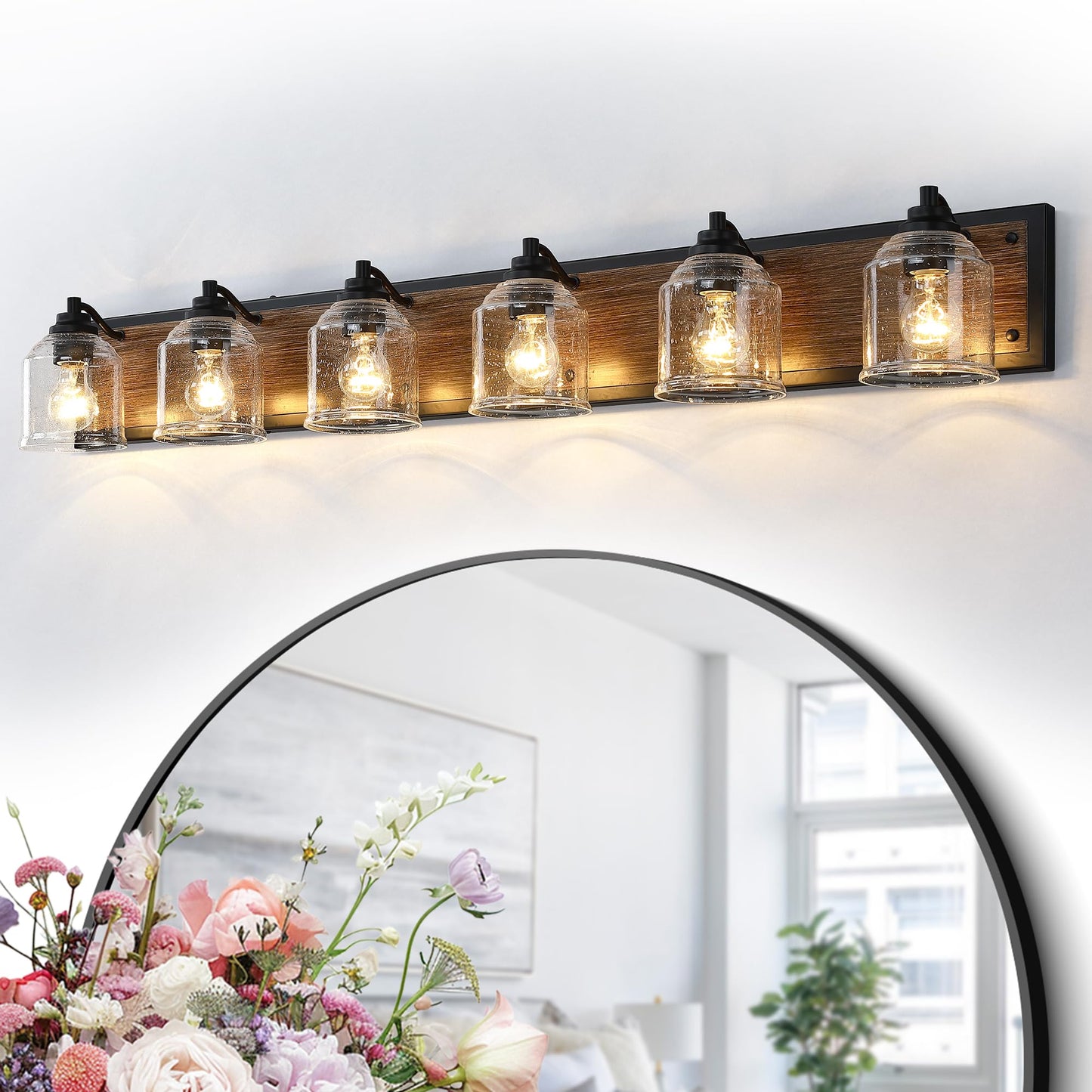 Yklitg Vanity Lights For Bathroom Large 48 Inch  Farmhouse Rustic Vanity Light With Bubble Glass Shades  Brown 6 Light Bathroom Lighting Fixtures Over Mirror  Bath Wall Sconce Home Decor