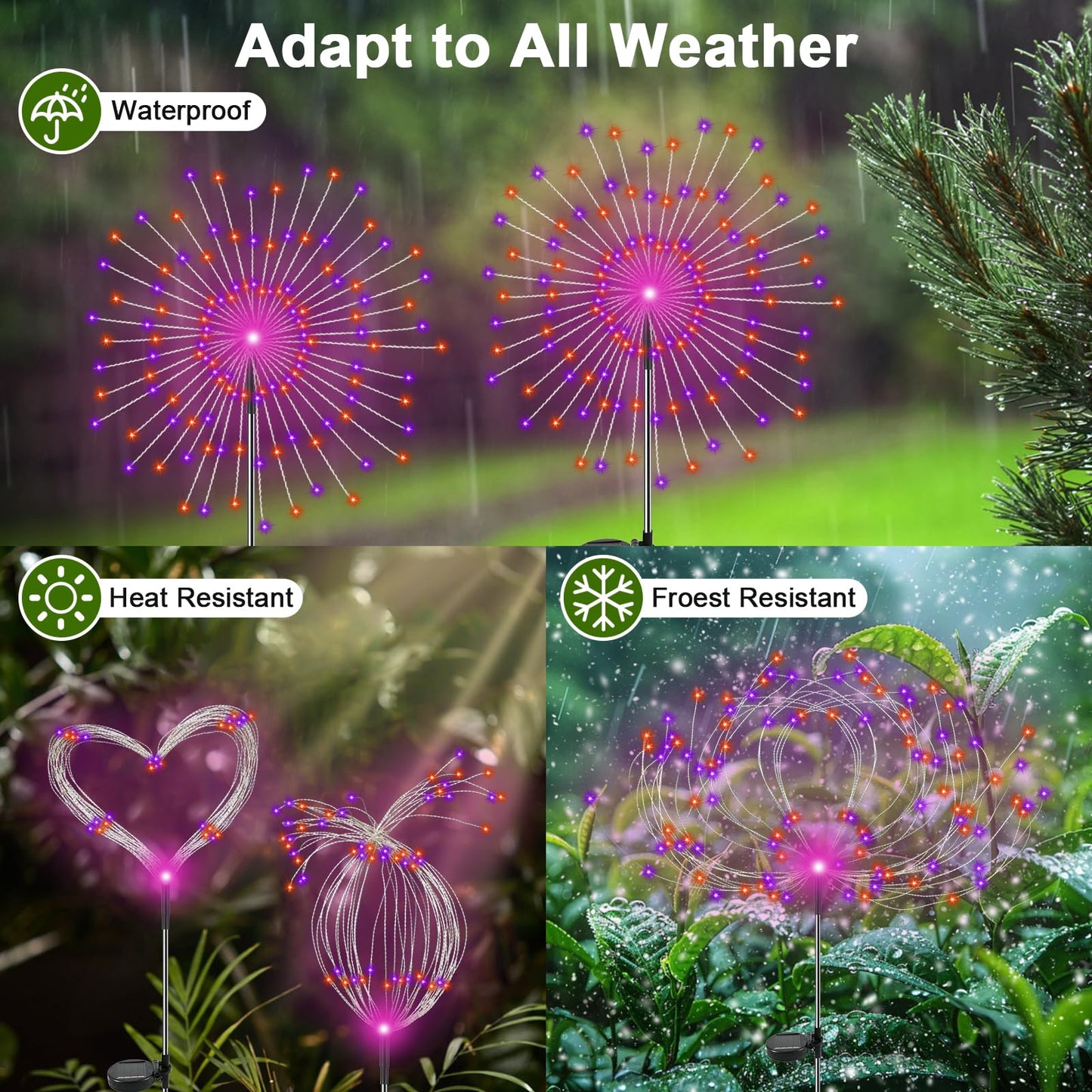 YaaFen Solar Garden Lights Outdoor, 2 Pack 120 LED, Waterproof Starburst Light, Purple + Orange