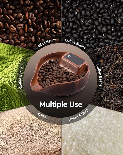 Coffee Bean Dosing Cup with Scale and Spray Bottle Kit - MUVNA Mini Rechargeable 0.1 Precision Single Dosing Tray Walnut Wood with LED Display for Coffee Grinder, Espresso, Tea, Kitchen Spice