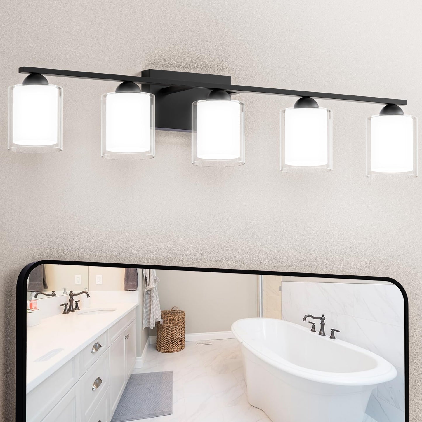 Quntis Bathroom Vanity Light Fixture - 5 Light Dimmable LED, Milk White Frosted Glass, 35W, 33 Inch, Black & Clear
