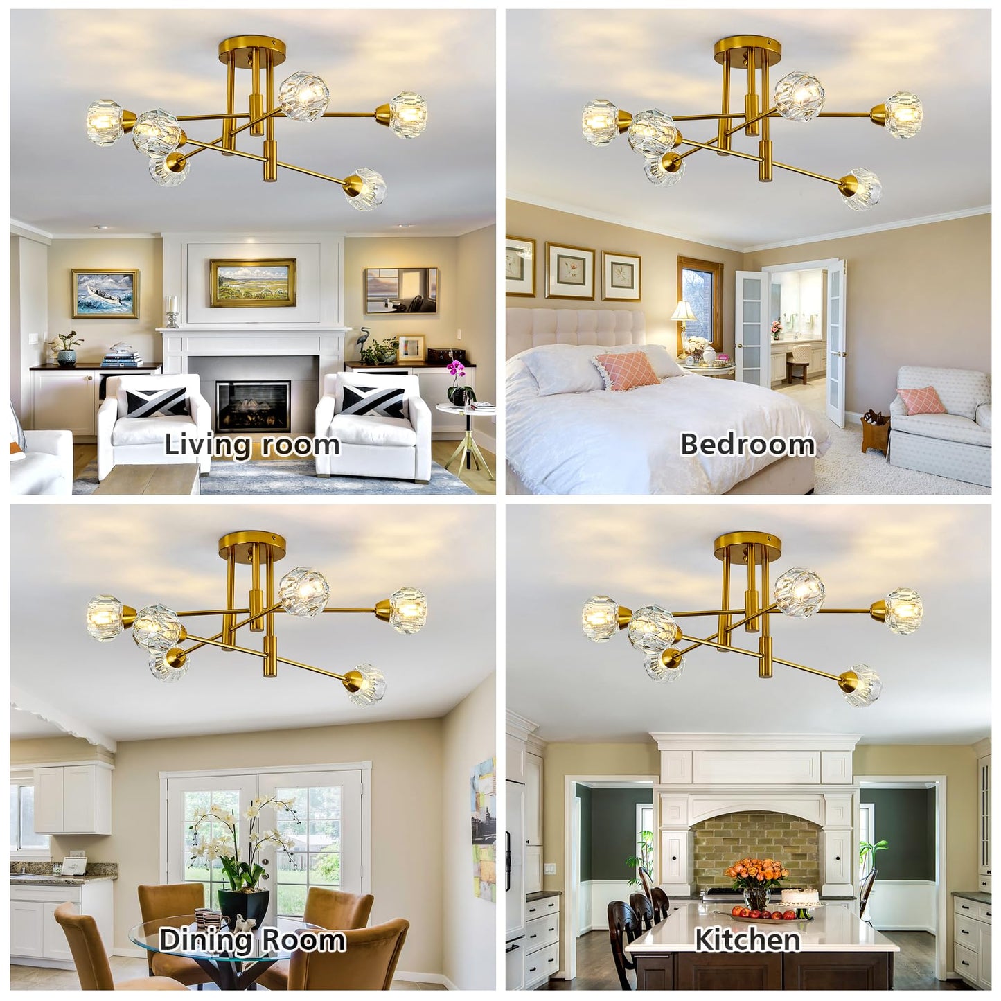 Szxykeji 6-Lights Glass Sputnik Chandelier Vintage Flush Mount Ceiling Light Fixture Gold Farmhouse Lighting For Dining Room Living Room Bedroom Kitchen Passageway.