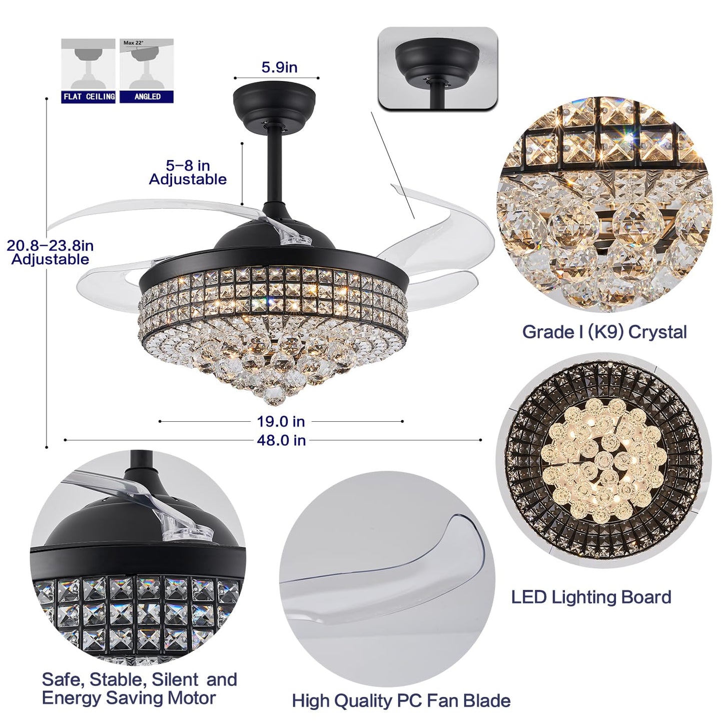 Trsiopfc 48 Inch Dimmable Crystal Fandelier Ceiling Fans With Light,Chandelier Fan With Remote Control For Bedroom/Living Room,P