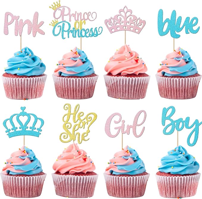 Rsstarxi 24 Pack Boy or Girl Cupcake Toppers Blue or Pink Cupcake Picks Prince or Princess Crown Cake Decoration for He or She Gender Reveal Theme Baby Shower Kids Birthday Party Decorations Supplies