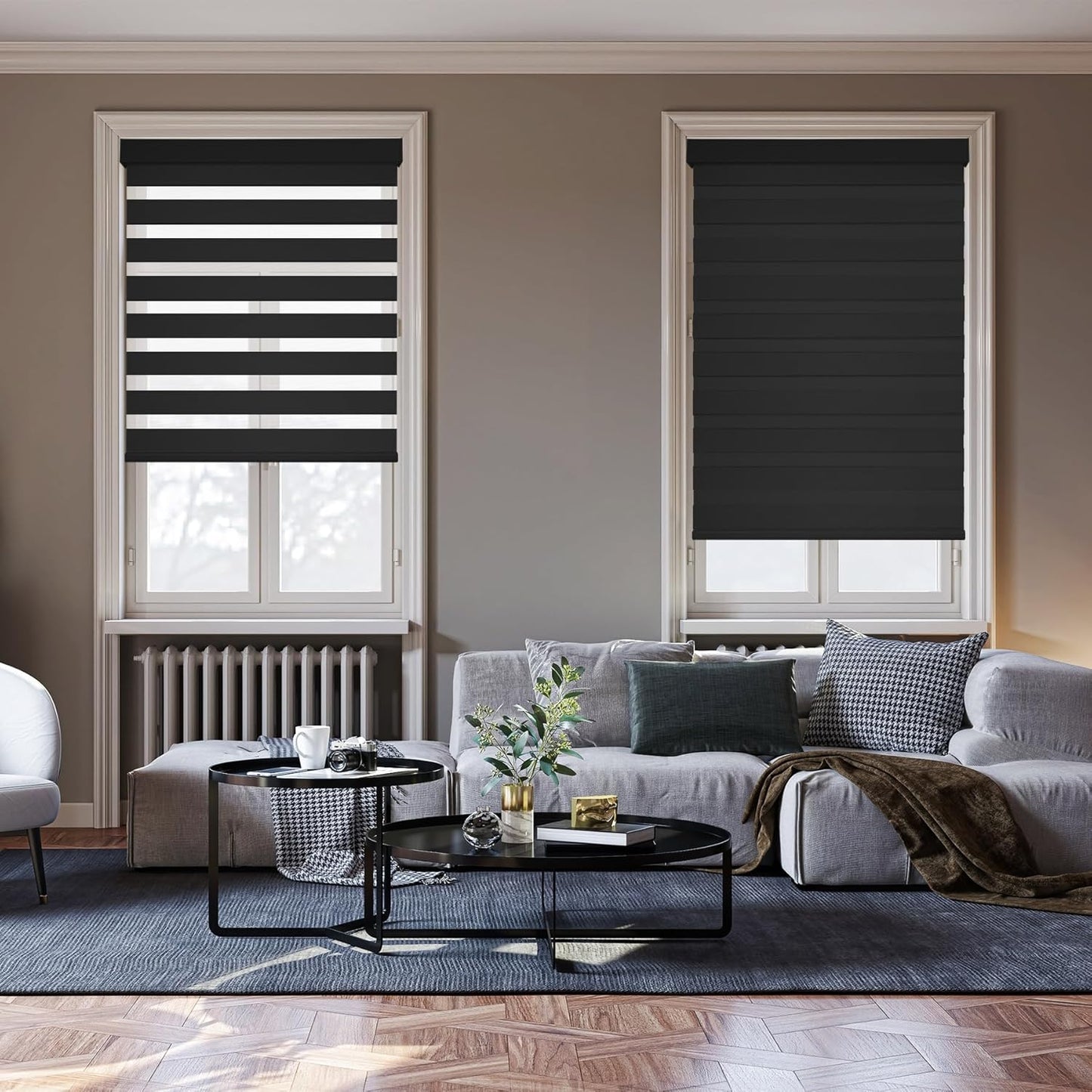 HESTIA Cordless Zebra Blinds Light Filtering Roller Shades UV Blocking Blackout Privacy Indoor Window Shades for Home Office Day and Night, Black,49" W x 48" H