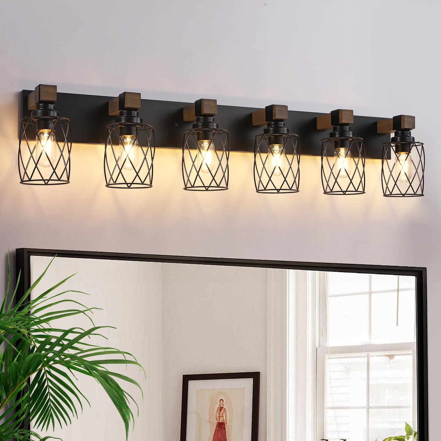 Xvmbvm Farmhouse Bathroom Vanity Light  6-Light Wood Bathroom Light Fixtures Over Mirror  Black Industrial Vanity Lights With Metal Shade  Rustic Bathrooms Lighting For Living Room  Bedroom  Hallway