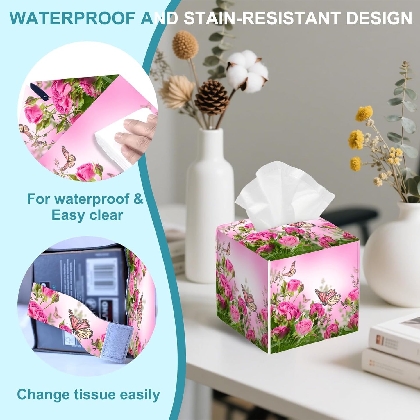 Roses Floral Bush Leather Tissue Holder,Flying Butterfly Square Tissue Box Cover,Modern Decorative Facial Tissue Paper Cover for Car Bedroom Nightstand Vanity Desk Office Table Top,5.2" x 5.2" x 5.2"