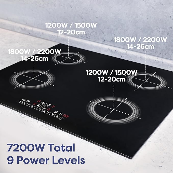 CDV 7200W Built-in Induction Cooktop 4 Burners, 24 Inch Electric Cooktop Touch Control Ceramic Glass Plate 9 Power Levels Fast Heating Child Safety Lock