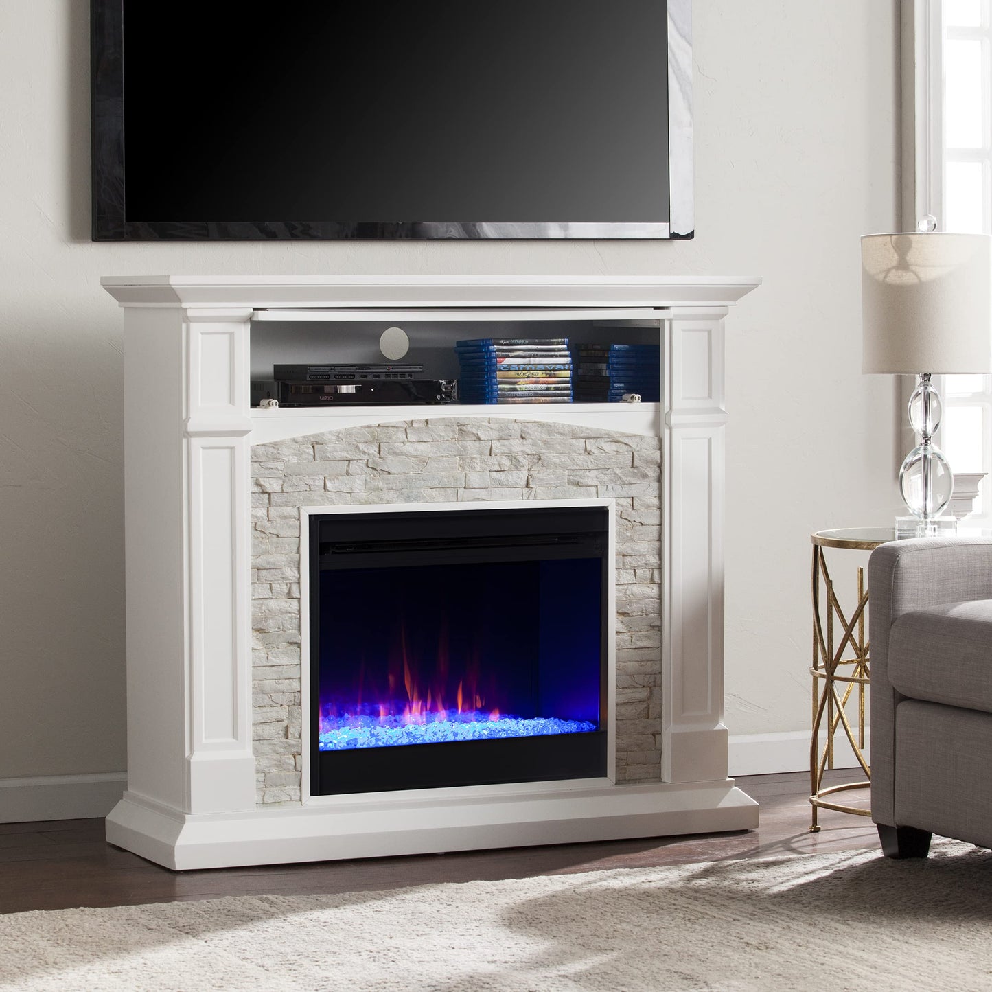Sei Furniture Seneca Faux Stone Color Changing Electric Hidden Media Shelf 45.75 Fireplace, Traditional Style W/Remote Controlle