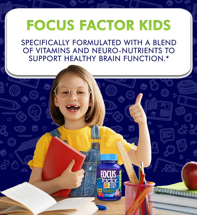 Focus Factor Kids Complete Daily Chewable Vitamins Multivitamin & OLLY Kids Chillax Magnesium Gummies Lemon Balm Calm Chews