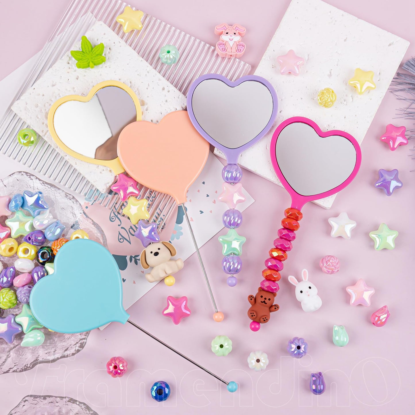 Framendino, 10 Pack Beadable Heart Travel Makeup Mirrors with Blank Bar Handheld for DIY Jewelry Making 10 Color