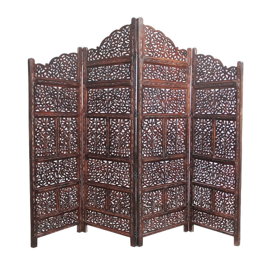 Room Divider Wood Screen - Mahanadi Antique Brown - 4 Panel Folding 72x80 - Wooden Hand Carved Screen Decorative Functional Versatile - Small Spaces Reversible Privacy Partition - COTTON CRAFT
