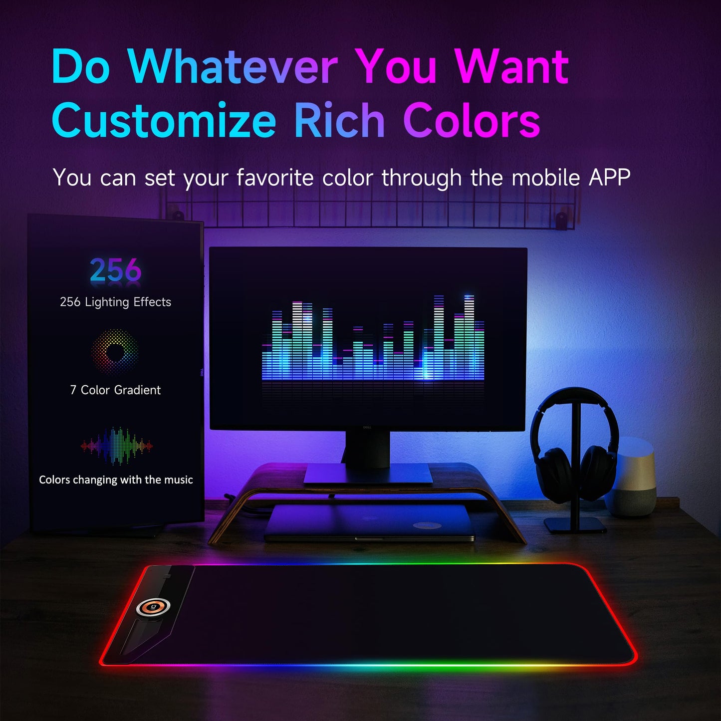 TMEHM Music Mouse Pad,RGB Mousepad Led Mouse Pad,15W Fast Wireless Charging Desk Pad,Premium Microfiber Cloth,Non-Slip Base,256 Light Modes Keyboard Pad