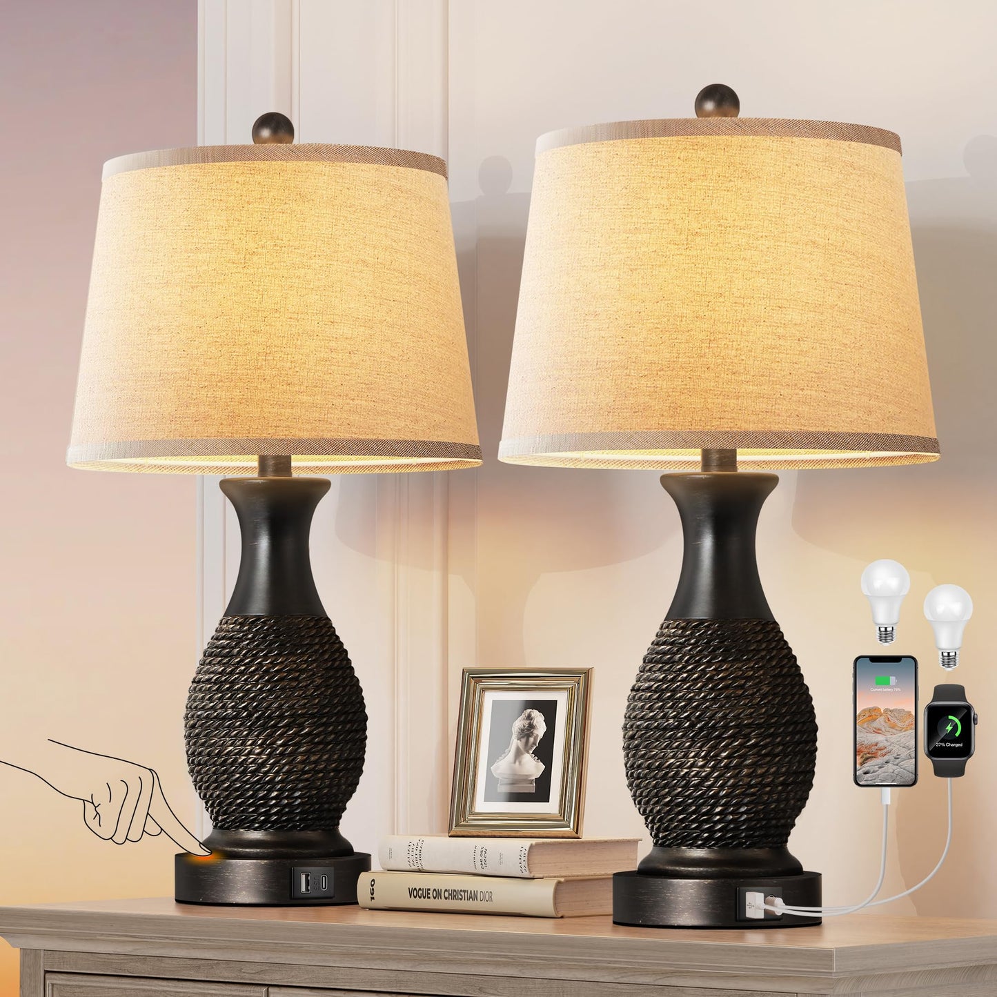 PARTPHONER Table Lamps Set of 2, Touch Control with USB C+A Ports, Linen Shade, 22.6in Black with Gold Accents, Model PALP367BB2