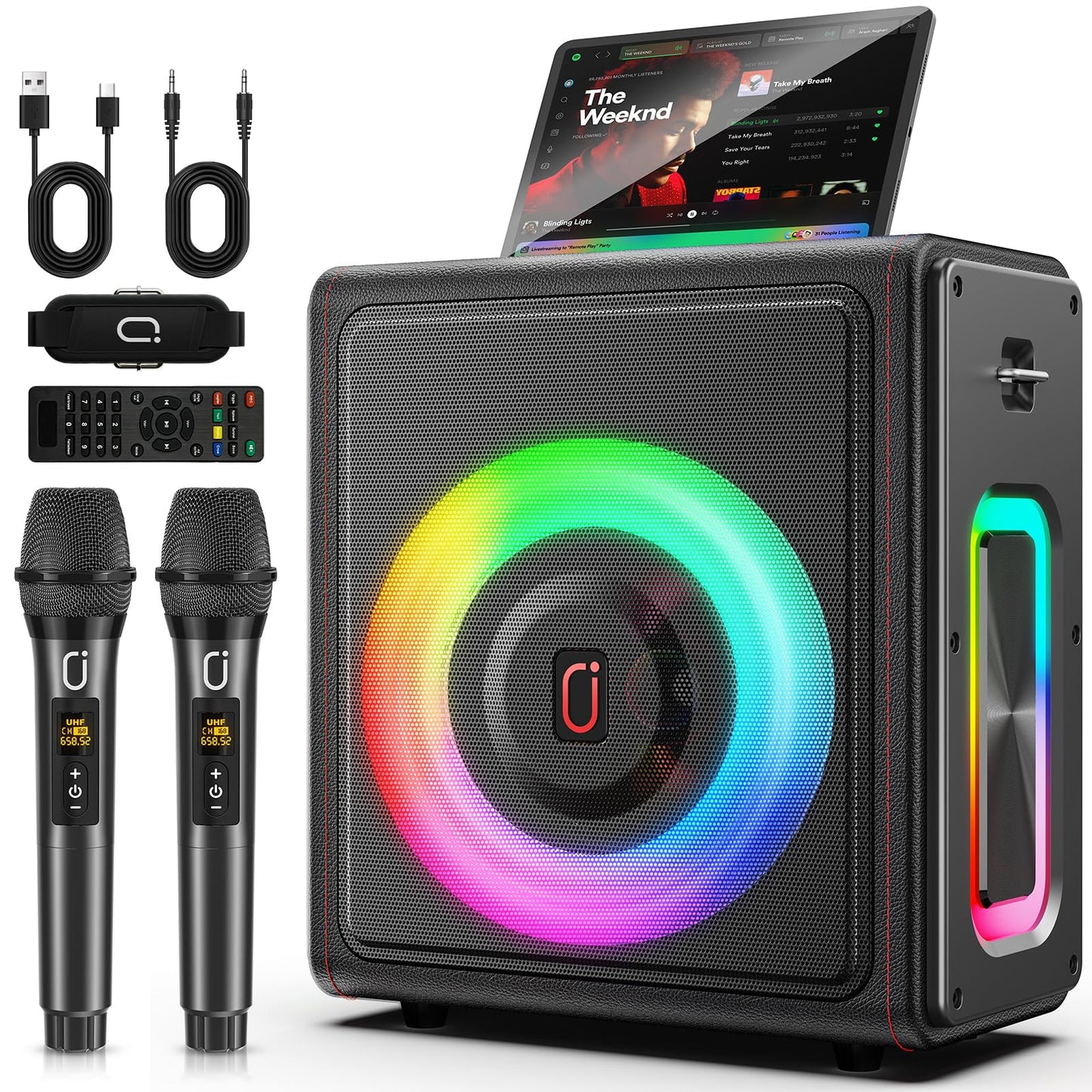 Karaoke Machine, Portable Bluetooth 5.3 Speaker with 2 Wireless Microphones for Adults, PA System with Pitch Correction & Echo A