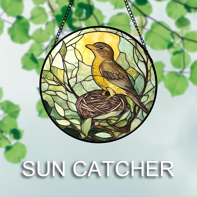 Stained Glass Window Hanging 4 Pcs Set Bird Theme On Branch 6.3" - Cardinal Suncatcher Door Garden Sun Catcher Decor Birthday Christmas for Mom Woman Nana Men
