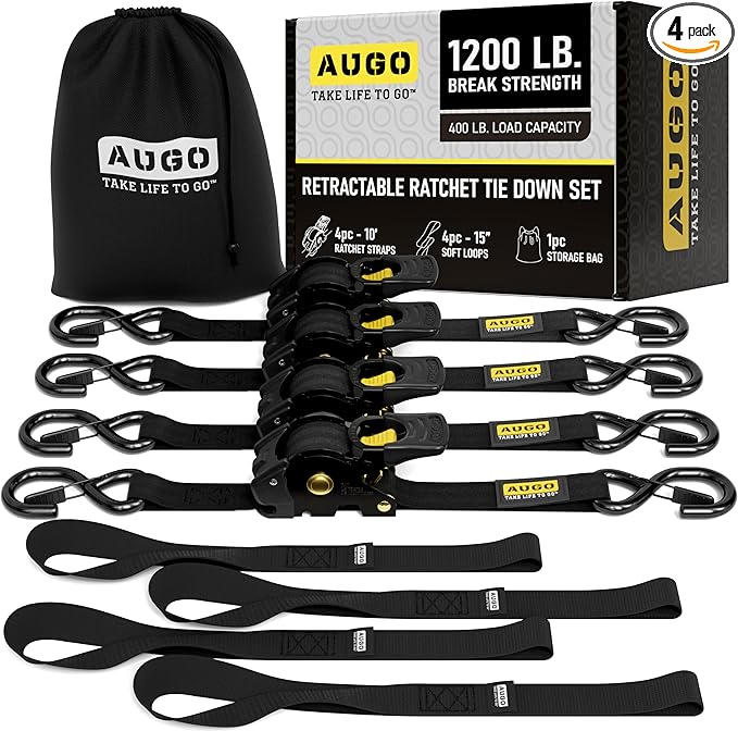AUGO Retractable Ratchet Straps | 4 Heavy Duty Ratchet Straps Self Retractable Tie Down Straps with Soft Loops & Storage B...