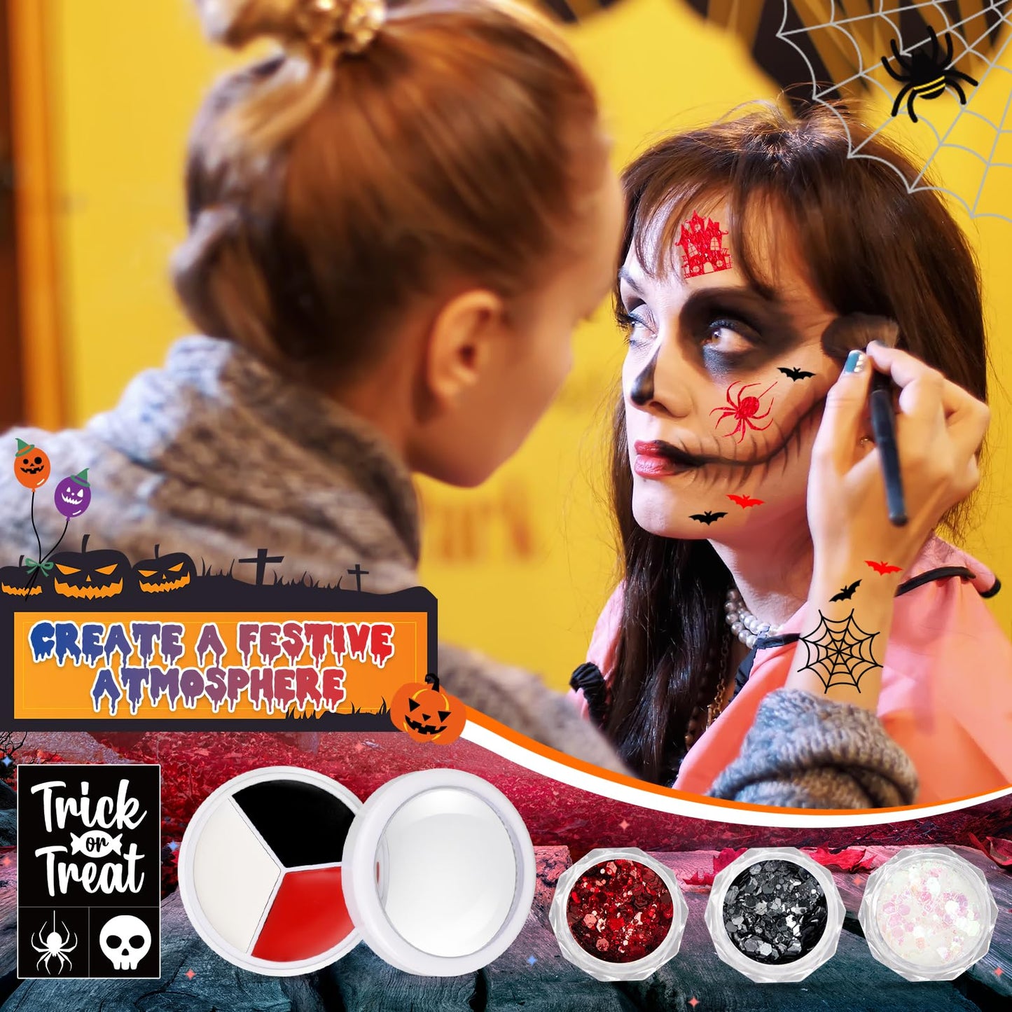 18 Pcs Halloween Face Paint Kit 3 Colors Red White Black Face Paint Kit with Glitter Stencil Makeup Brush for Halloween Cosplay