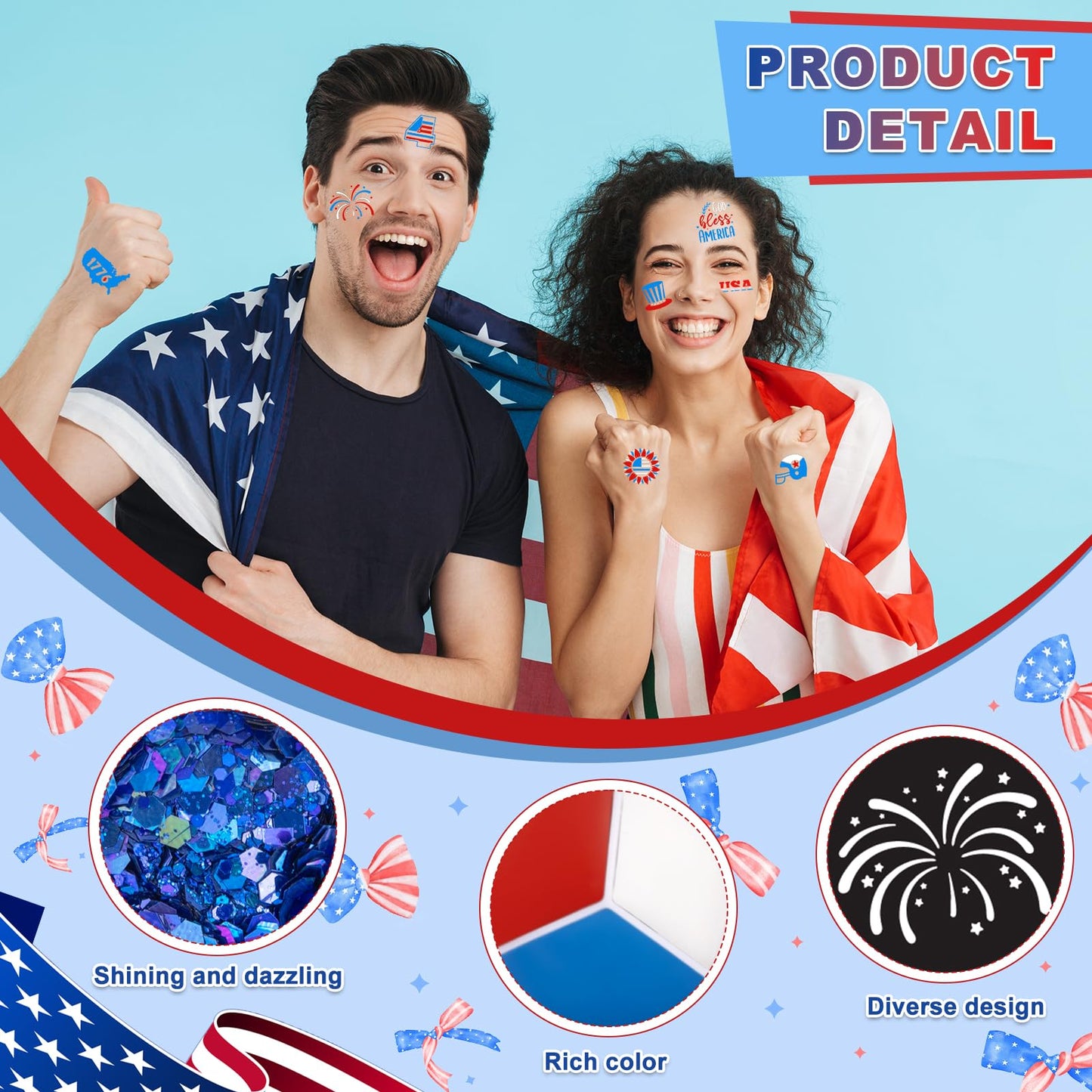 19 Pcs Patriotic Face Paint Kit Red White Blue Face Paint Kit with Glitter Stencil Stickers Paint Stick Makeup Brush for Indepen