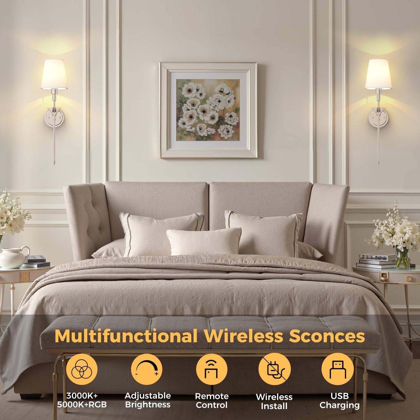 DORESshop Battery Operated Wall Sconce Set of 2, Metal, 24.6in, Silver, Wireless, Rechargeable, Easy to Install
