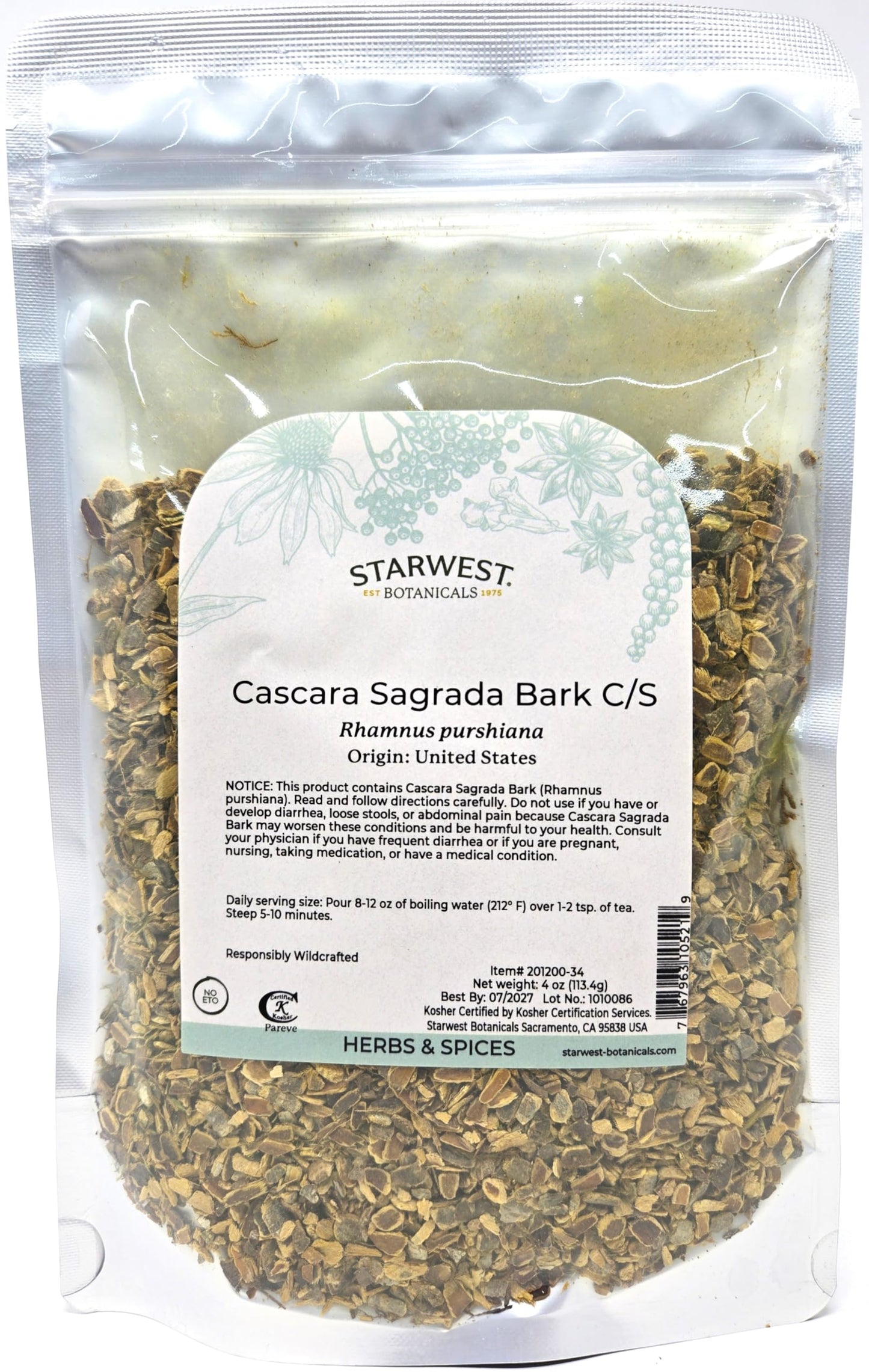 Cascara Sagrada Bark Cut & Sifted - 4 Oz,(Starwest Botanicals)