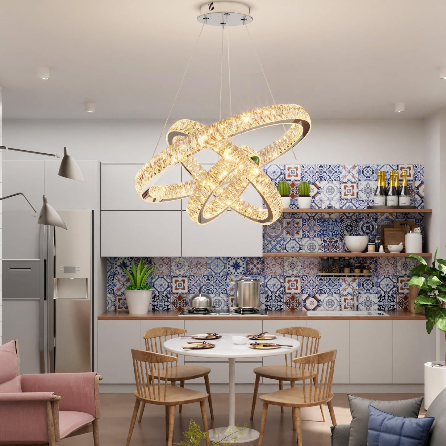 Idequy 3 Rings Crystal Chandeliers 32+24+16 Crystal Ceiling Light Fixture Pendant Lighting Hanging Lamp For Living Room Led Dimmable 3000-6000K