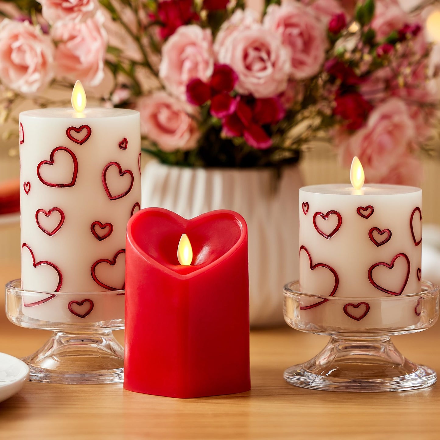 Luminara Debossed Hearts Pillar Candle Metallic Red - Patented Flickering Flameless Technology - Valentine's Day Collection - Remote Ready - 4.5"