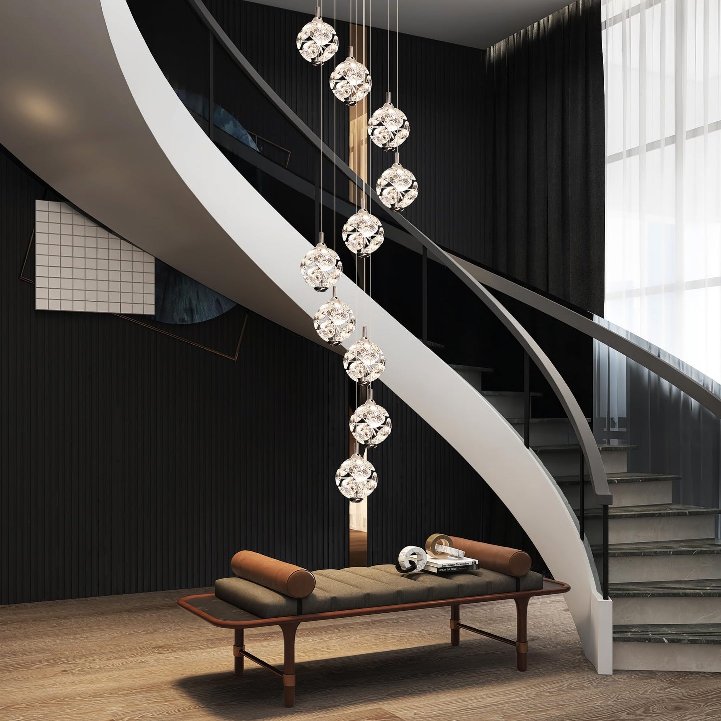 Kaucqi 10-Light High Ceilings Long Chandeliers Modern Crystal Staircase Chandelier Hanging Flush Mount Lighting Fixtures Long Raindrop Hanging Chandeliers For Staircase Foyer Entryway