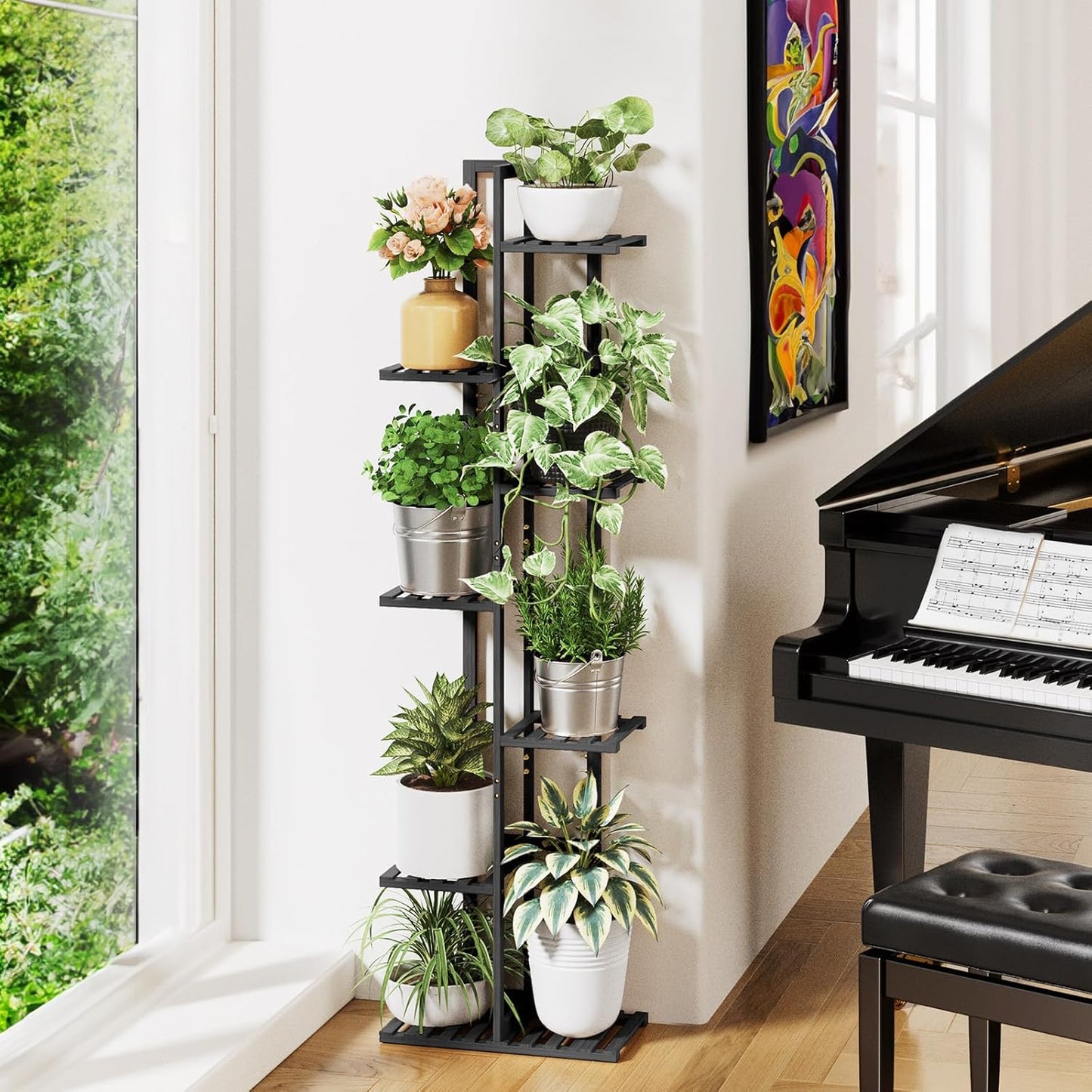 ROSSNY 55 Inch Tall Plant Stand Indoor, 7 Tier 8 Potted Bamboo Plant Stands for Indoor Plants, Corner Plant Stand, Tiered Plant Stands, Plant Shelf For Indoor, Planter Holder for Multiple Plants Indoor, Black