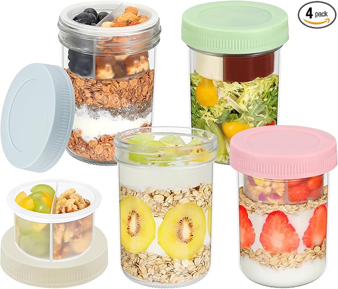 16 oz Overnight Oats Containers with Airtight Lids - 4-Pack Leak-Proof Wide Mouth Mason Jars & Divided Cups for Dried and Wet Foods, Glass Jars for Chia Pudding, Salad, Snacks, and Yogurt