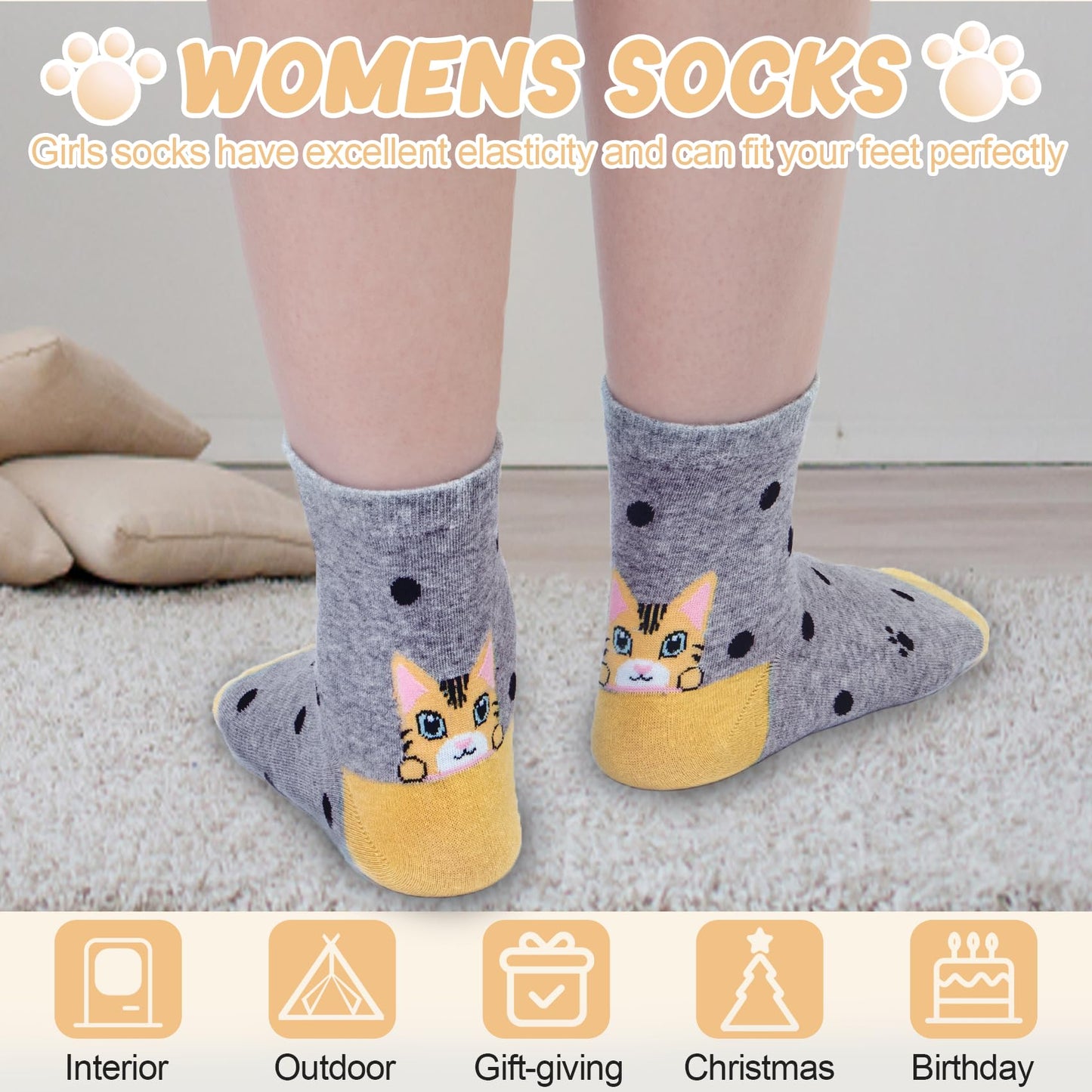 Cute Womens Dog Cat Novelty Animal Socks for girl Cartoon Cotton Casual Crew Funny Socks 5 Pairs, Cat style 2