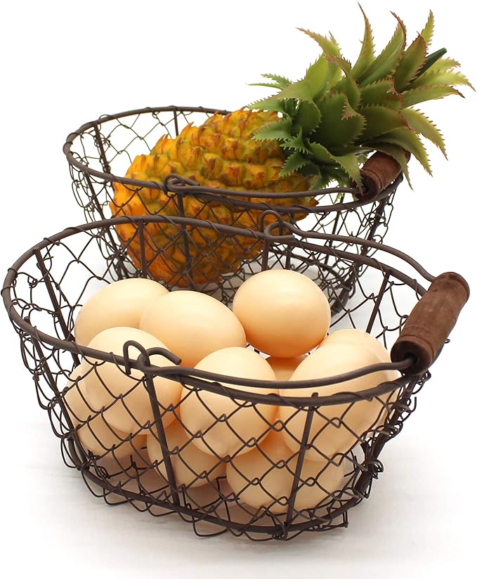 CVHOMEDECO. Metal Wire Small Egg Baskets Rust Fruit Baskets with Wooden Handle Country Vintage Style Storage Baskets. Set of 2