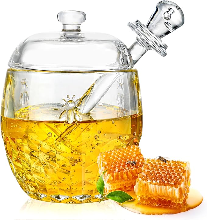 kanpura Honey Pot with Dipper and Lid Glass Honey Jar with Dipper Wide Mouth Honey Containers Airtight Syrup Honey Dispenser for Christmas Home Kitchen(7.5 OZ)