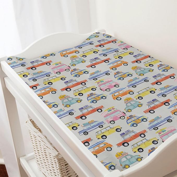 Colorful Classic Car Baby Changing Pad Covers Boy Girl 32''x16'' Retro Car Auto Vehicles Fitted Diaper Change Table Mats Vintage Car Vehicles Transportation Soft Breathable Cradle & Bassinet Sheets