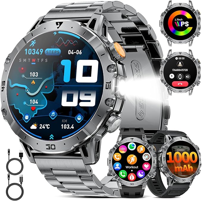 SUNKTA Smart Watch for Men(3 Bands),1.7" HD Large Display/1000mAh Smart Watches with LED Flashlight for Android iOS (Call ...