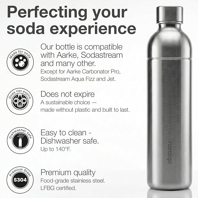 Stainless Steel Carbonating Bottle 33 oz | Compatible with Aarke Carbonator 3, Sodastream (Excl. model Aqua Fizz + Jet) & many others | Dishwasher Safe | No Expiration Date