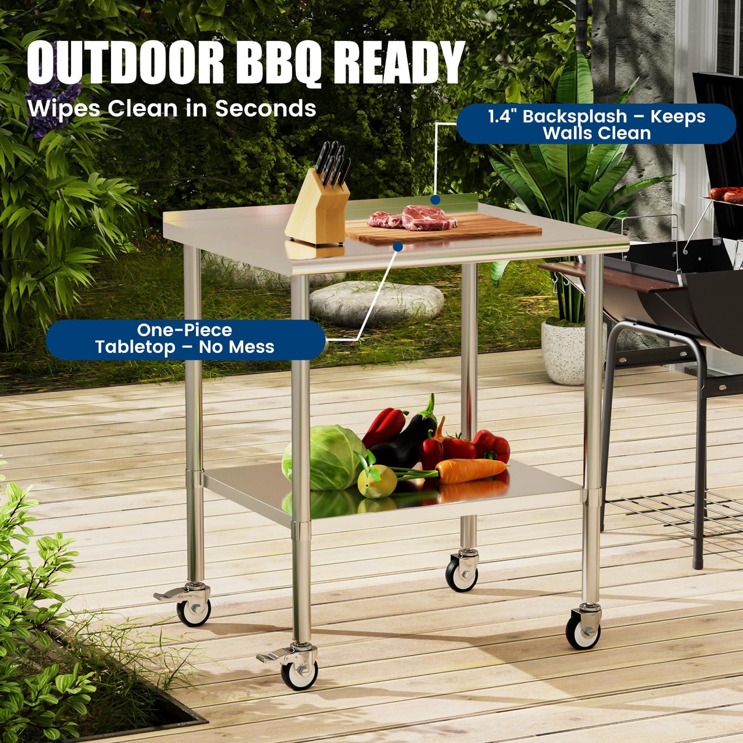 Chingoo Stainless Steel Work Table with Wheels, 30x36 Inch NSF Food Prep Table with Backsplash & Adjustable Undershelf for Kitchen, Restaurant, Garage
