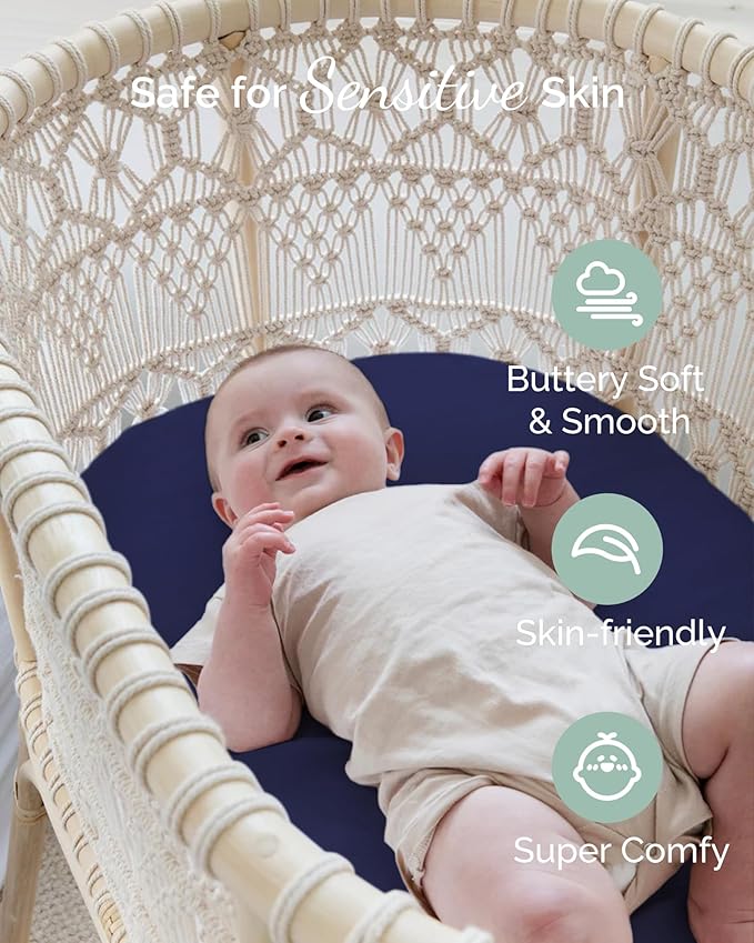 Bedside Sleeper Bassinet Sheets 35x20 for MiClassic, Milliard Bassinet and Large Bedside Sleepers - Buttery Soft, Premium Stretchy Jersey Knit Sheets - Navy + Grey + Cloud, 3 Pack