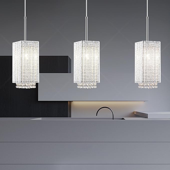 Mini Crystal Chandelier 1 Light Modern Hanging Light Fixture Small Cuboid Chrome Pendant Light for Kitchen Island Dining Room