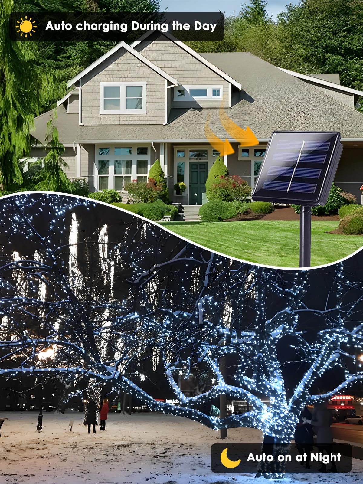 EEW 4 Pack 400 LED Solar String Lights, Cool White, Waterproof, 8 Lighting Modes, Model CAIYUAN-100 for Outdoor Xmas Decorations