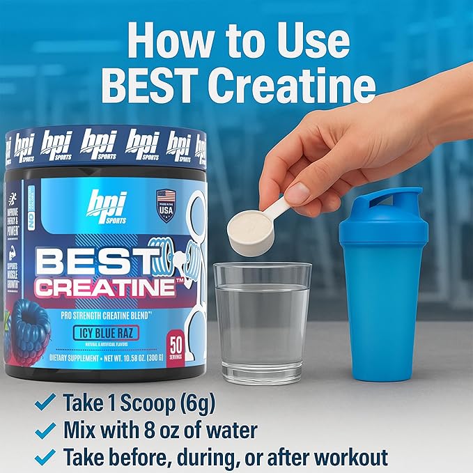 BPI Sports Best Creatine - Creatine Monohydrate Powder for Men & Women, Himalayan Salt - Strength, Pump, Endurance, Muscle Growth, Muscle Definition - No Bloat - Icy Blue Raz - 50 servings - 10.58 Oz