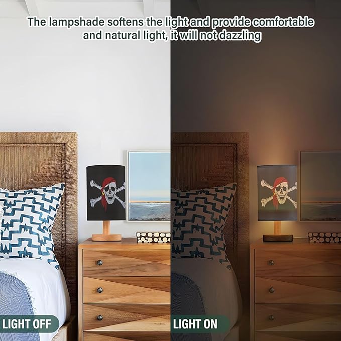 Table Lamp Pirate Skull Crossbones on Black Nightstand Lamp with Wood Base Fabric Lamp Shade Bedside Desk Lamp for Living Room Bedroom Kids Room Office